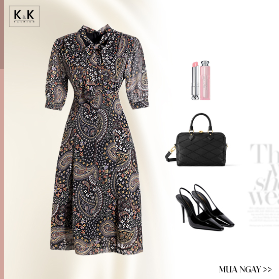 Đầm trung niên xòe họa tiết tay lỡ cổ phối nơ KK164-19