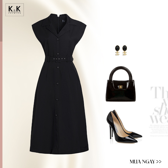 Đầm đen trung niên cổ sơ mi chữ A kèm thắt eo KK164-31