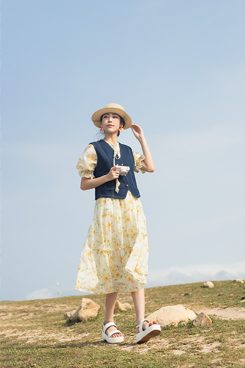 Đầm hoa dáng dài đuôi cá cổ phối nơ HL30-25