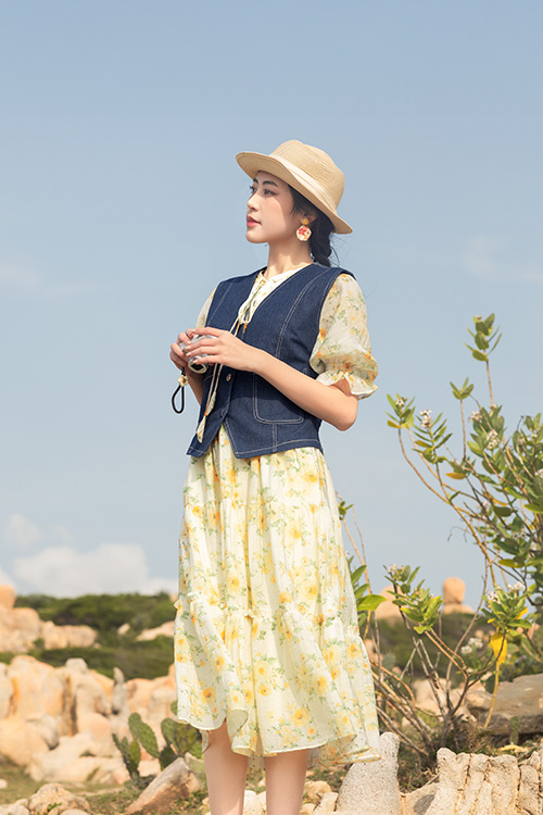 Đầm hoa dáng dài đuôi cá cổ phối nơ HL30-25