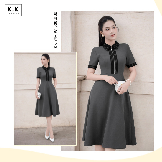 Đầm công sở dáng xòe cổ sơ mi màu xám KK174-19
