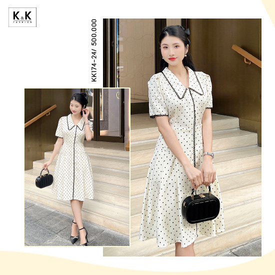 Đầm chữ A màu trắng họa tiết chấm bi KK174-24