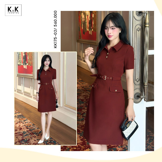 Đầm đỏ dáng chữ A kèm thắt lưng KK175-02