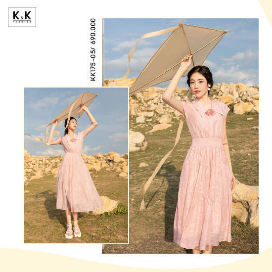 Đầm hồng xòe dài cổ sơ mi đính hoa KK175-05