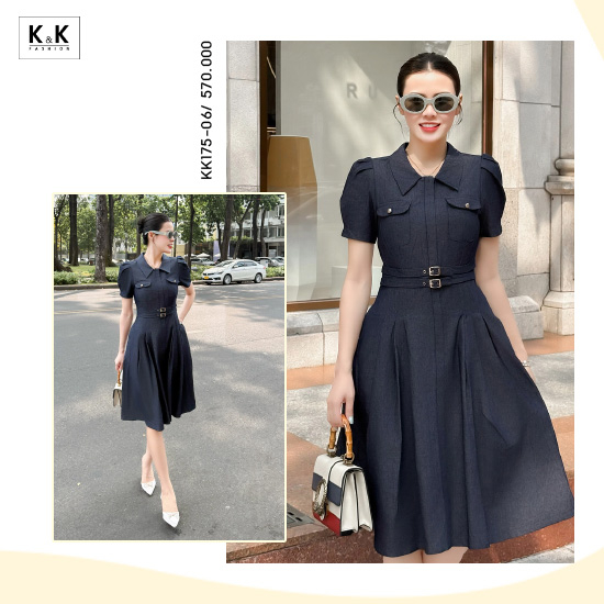 Đầm denim dáng xòe nhấn eo KK175-06