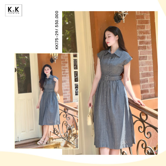 Đầm sơ mi xanh dáng xòe họa tiết kẻ sọc KK175-29