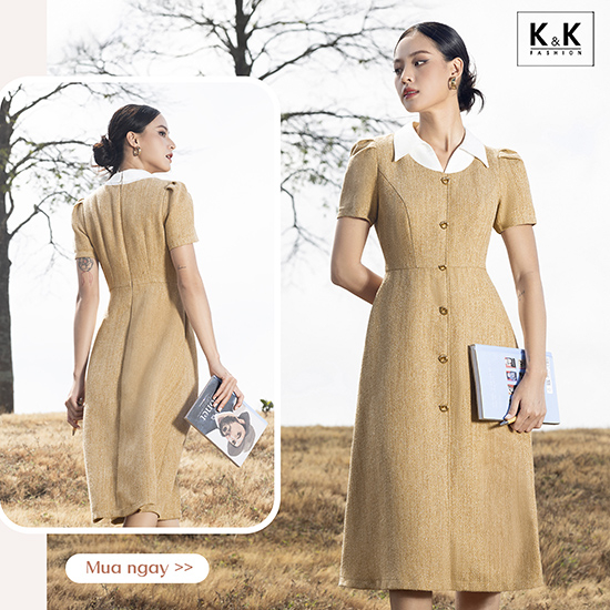 Đầm sơ mi chữ A dáng dài cổ phối màu KK174-10