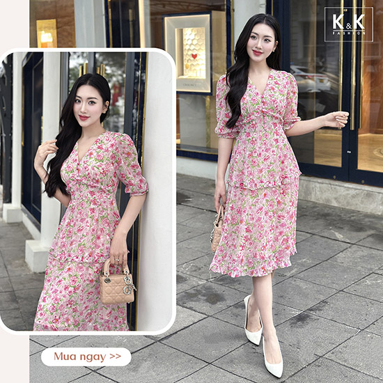 Đầm hoa dáng xòe cổ V viền bèo KK174-26