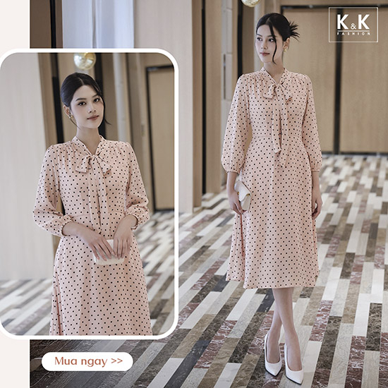 Đầm xòe chấm bi cổ phối nơ KK174-34
