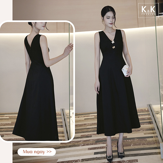 Đầm đen dự tiệc dáng xòe dài sát nách KK174-20