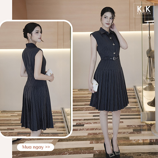 Đầm xếp ly kẻ sọc kèm thắt lưng KK174-32