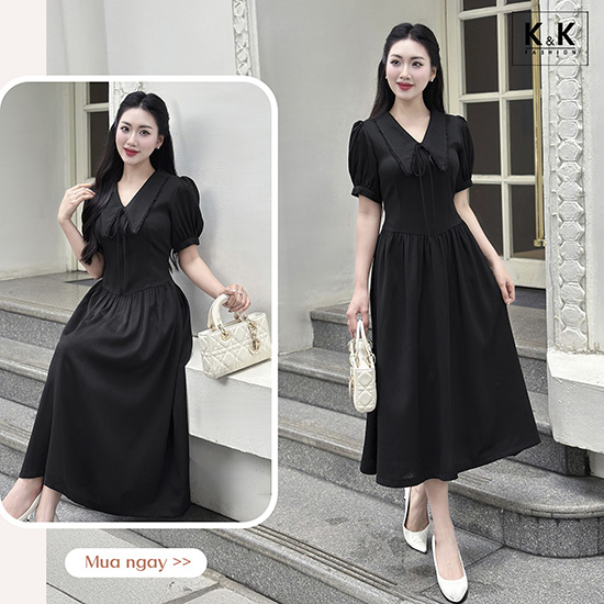 Đầm đen dáng xòe dài cổ sen nhọn HL30-08