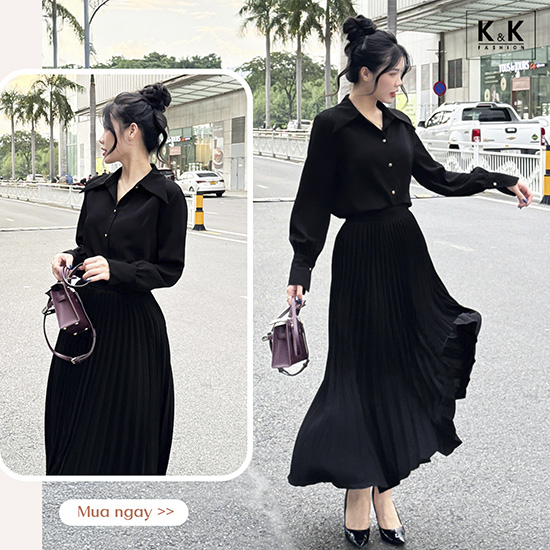 Áo sơ mi lụa màu đen basic tay dài ASM21-13