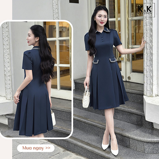 Đầm xòe xếp ly cổ sơ mi phối túi đắp KK174-38