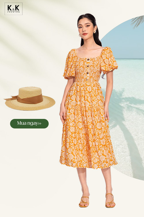 Đầm xòe dáng dài bo chun phối nút HL23-38