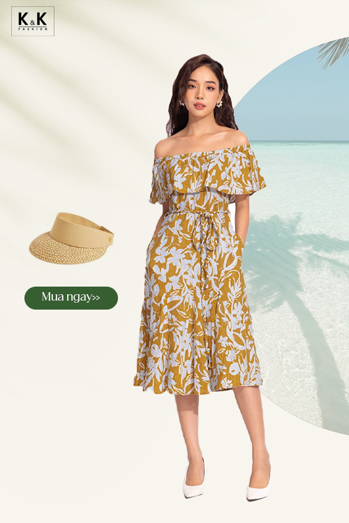 Đầm xòe trễ vai họa tiết phối đai eo KK140-34