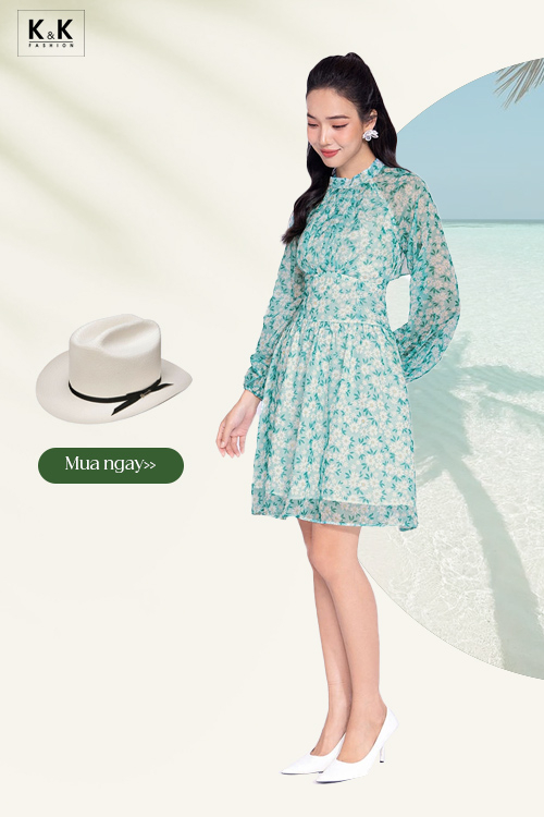 Đầm voan hoa nhấn eo dáng xòe HL20-34