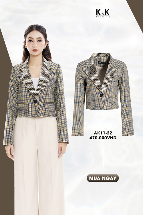 Áo khoác blazer nữ họa tiết caro dáng ngắn AK11-22