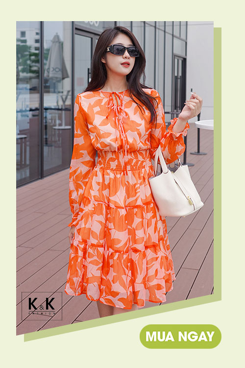 Đầm voan dáng xòe tay dài eo bo chun KK168-31