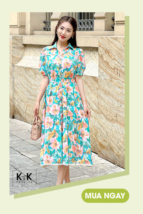 Đầm sơ mi xòe họa tiết hoa nhấn eo KK168-23