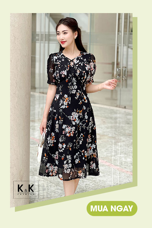 Đầm đen họa tiết hoa dáng xòe KK169-02