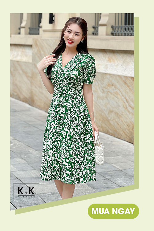Đầm xòe họa tiết hoa cổ V tay phồng HL27-34