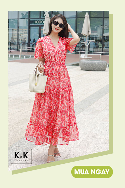 Đầm hoa dáng xòe dài cổ V nhấn eo KK168-37