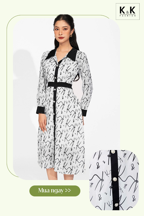 Đầm trắng chữ A phối màu họa tiết chữ K&K KK130-11