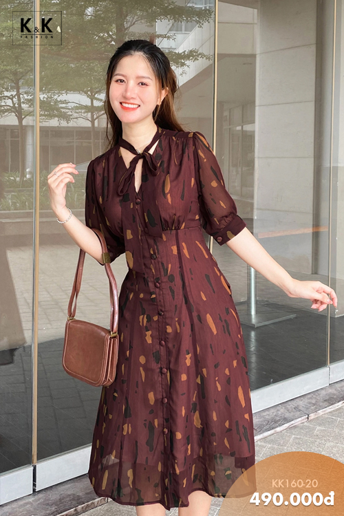 Đầm công sở dáng xòe cổ phối nơ KK160-20