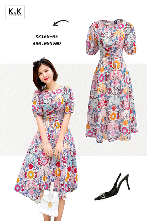 Đầm xòe đẹp họa tiết hoa nhiều màu đan dây eo KK160-05