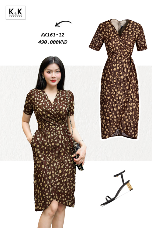 Đầm nữ đẹp kiểu wrap dress họa tiết cổ V tay ngắn KK161-12