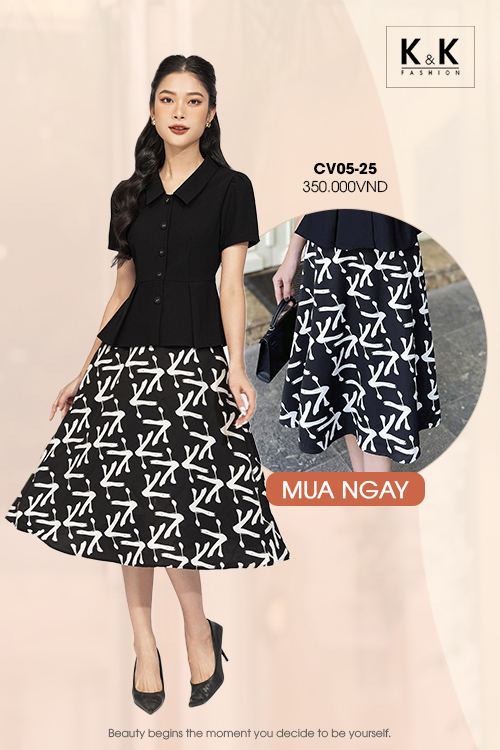 Chân váy đen công sở họa tiết dáng chữ A CV05-25