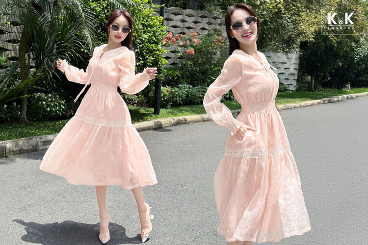 Đầm voan hoa dáng xòe eo bo chun HL31-28