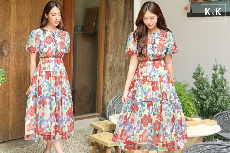 Đầm đi chơi họa tiết hoa dáng xòe dài tay phồng KK176-32