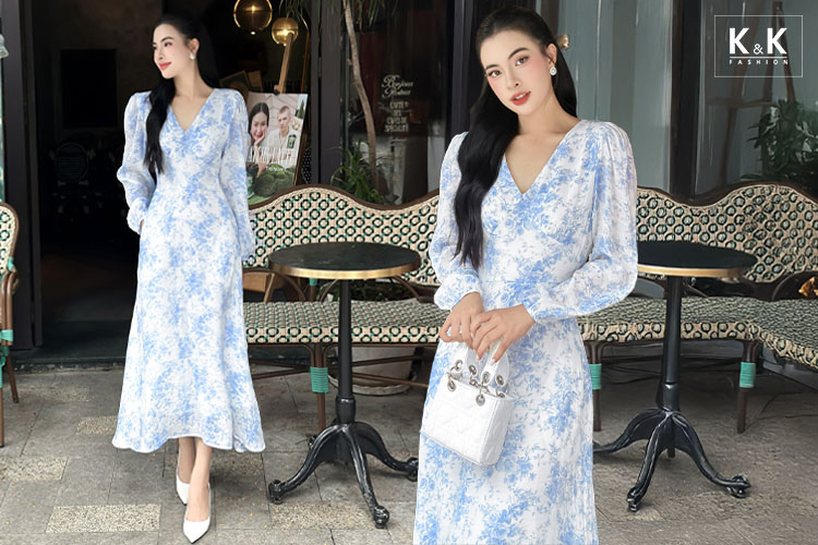 Đầm hoa dáng chữ A dài cổ V HL31-10