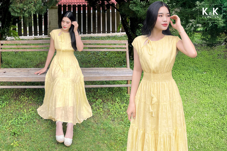 Đầm vàng dáng xòe dài eo bo chun HL31-30