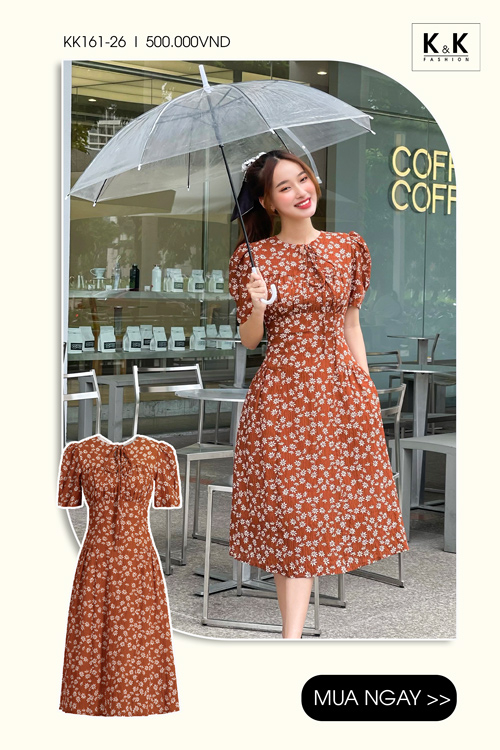 Đầm xoè công sở nâu hoa nhí eo cao KK161-26