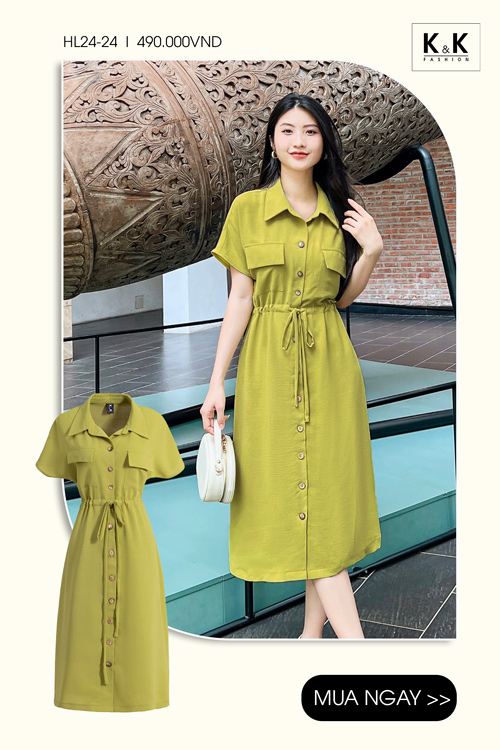 Đầm sơ mi công sở dáng chữ A rút eo HL24-24