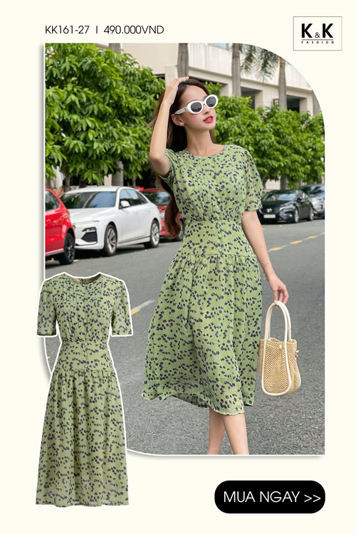 Đầm hoa công sở hạ eo phối xếp ly KK161-27