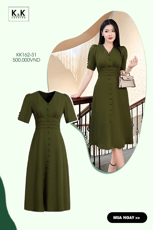 Đầm liền thân công sở dáng xòe phối nút KK162-31