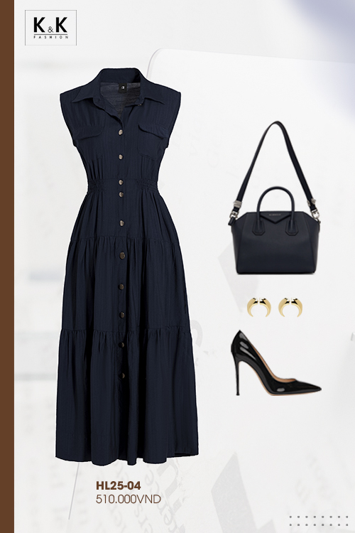 Đầm công sở trung niên sát nách cổ sơ mi HL25-04
