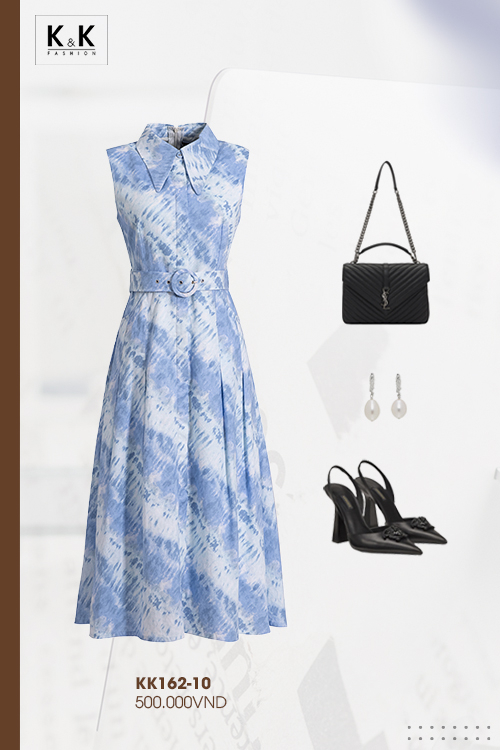 Đầm xanh công sở sát nách dáng xòe cổ sơ mi KK162-10