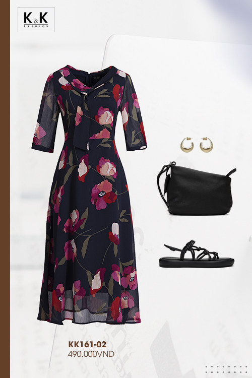 Đầm voan trung niên hoa công sở dáng xòe chữ a KK161-02