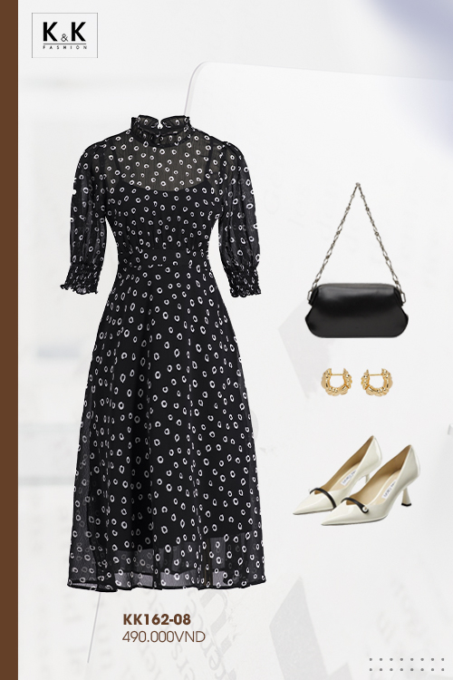 Đầm xòe trung niên tay lỡ họa tiết chấm bi KK162-08