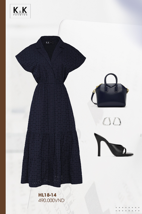 Đầm midi trung niên dáng xòe đuôi cá nhấn eo cao HL18-14