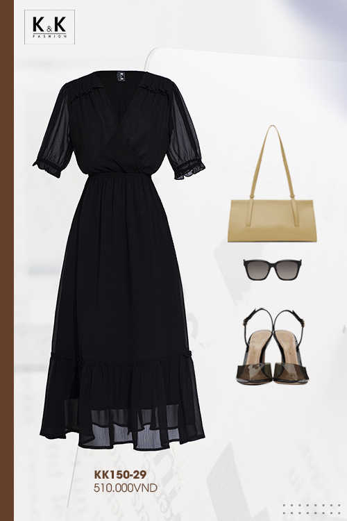 Đầm midi trung niên đen dáng đuôi cá KK150-29