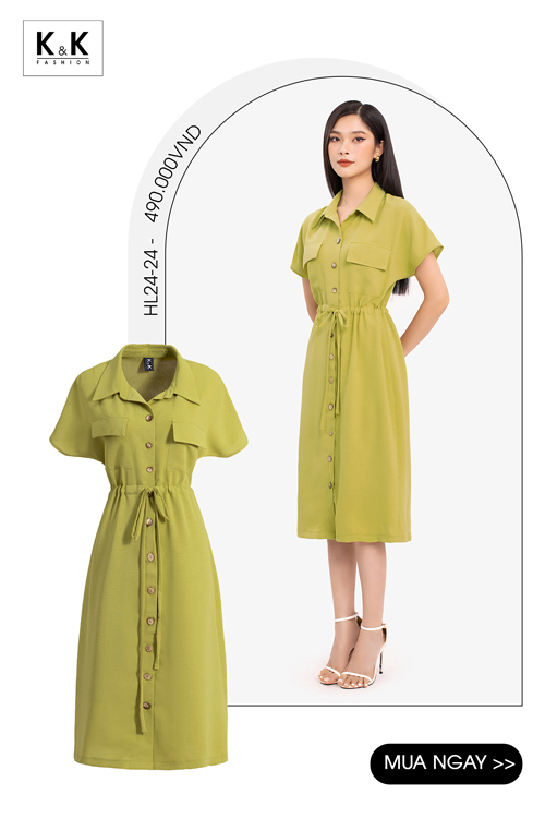 Đầm sơ mi công sở dáng chữ A rút eo HL24-24