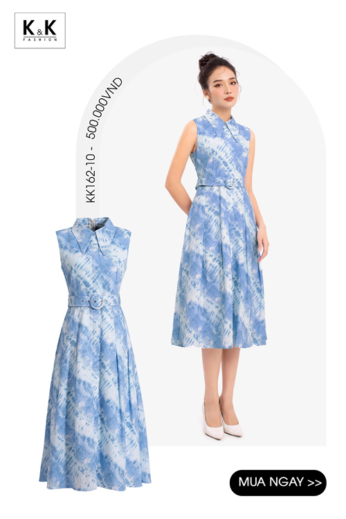 Đầm xanh công sở sát nách dáng xòe cổ sơ mi KK162-10