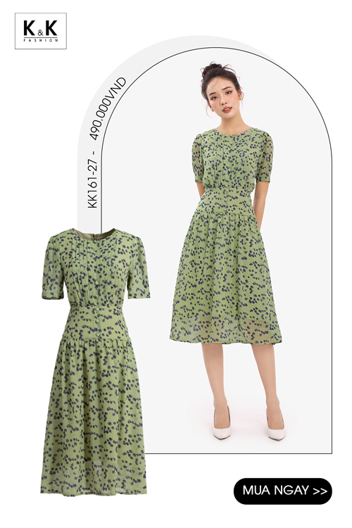 Đầm hoa công sở thiết kế hạ eo phối xếp ly KK161-27