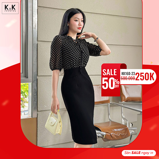 Đầm đen công sở phối họa tiết